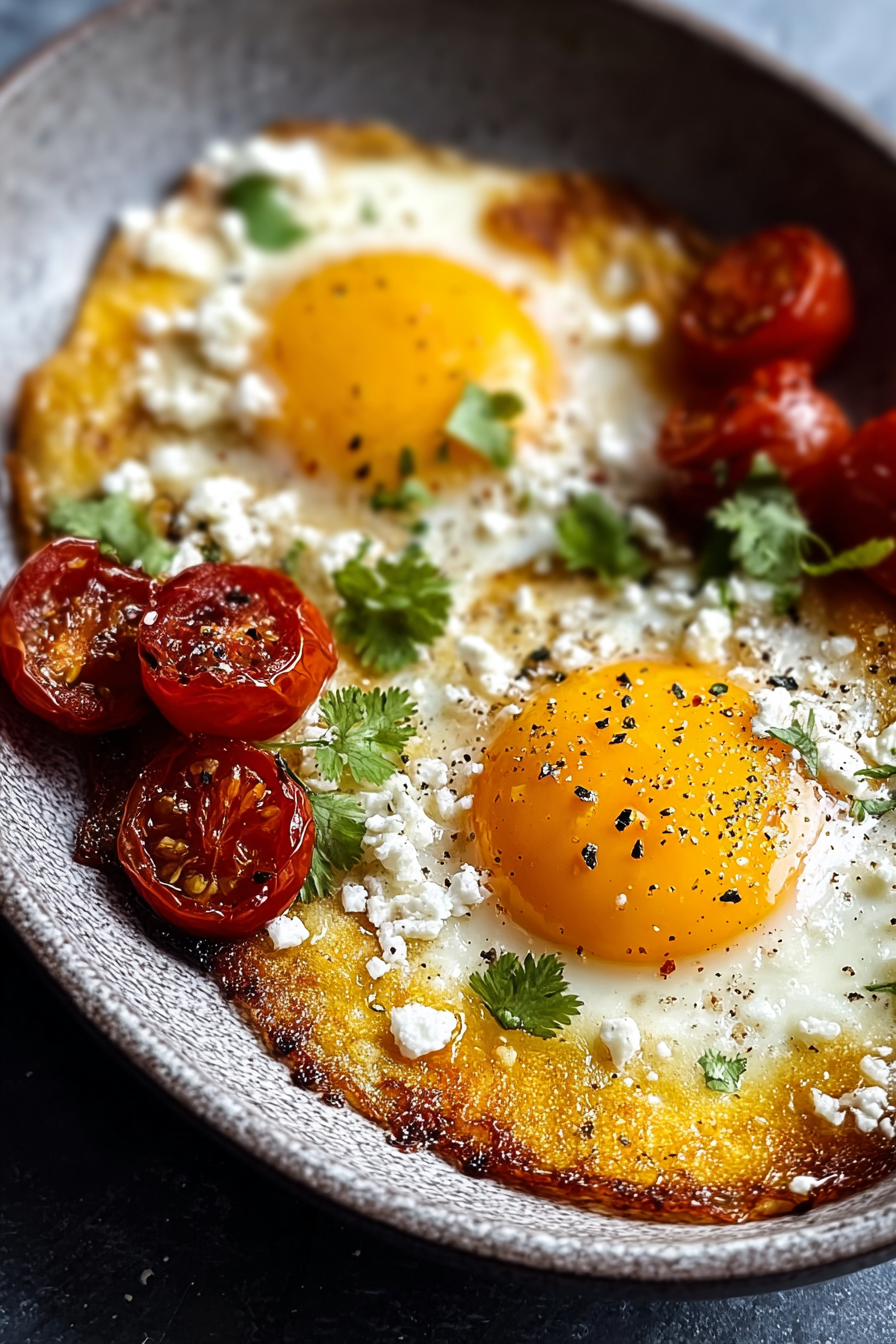 Plated crispy feta fried eggs with toasted bread and parsley