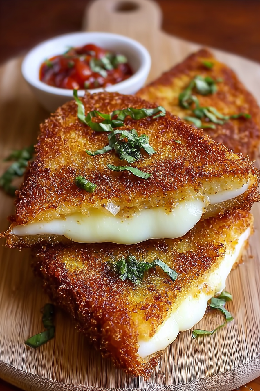 Mozzarella en Carrozza golden pieces in a pan