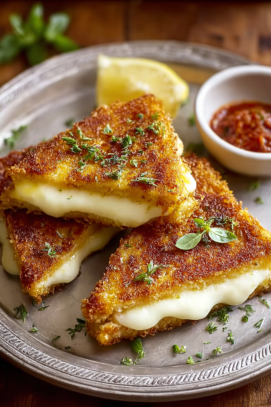 Close-up of a fried mozzarella sandwich with melted cheese