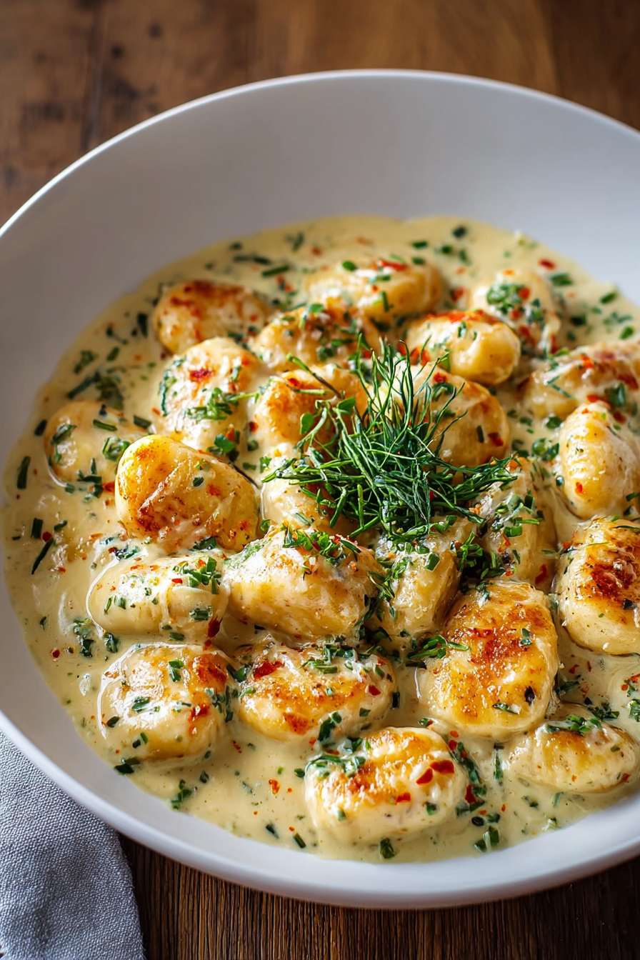 Golden seared gnocchi in creamy sauce