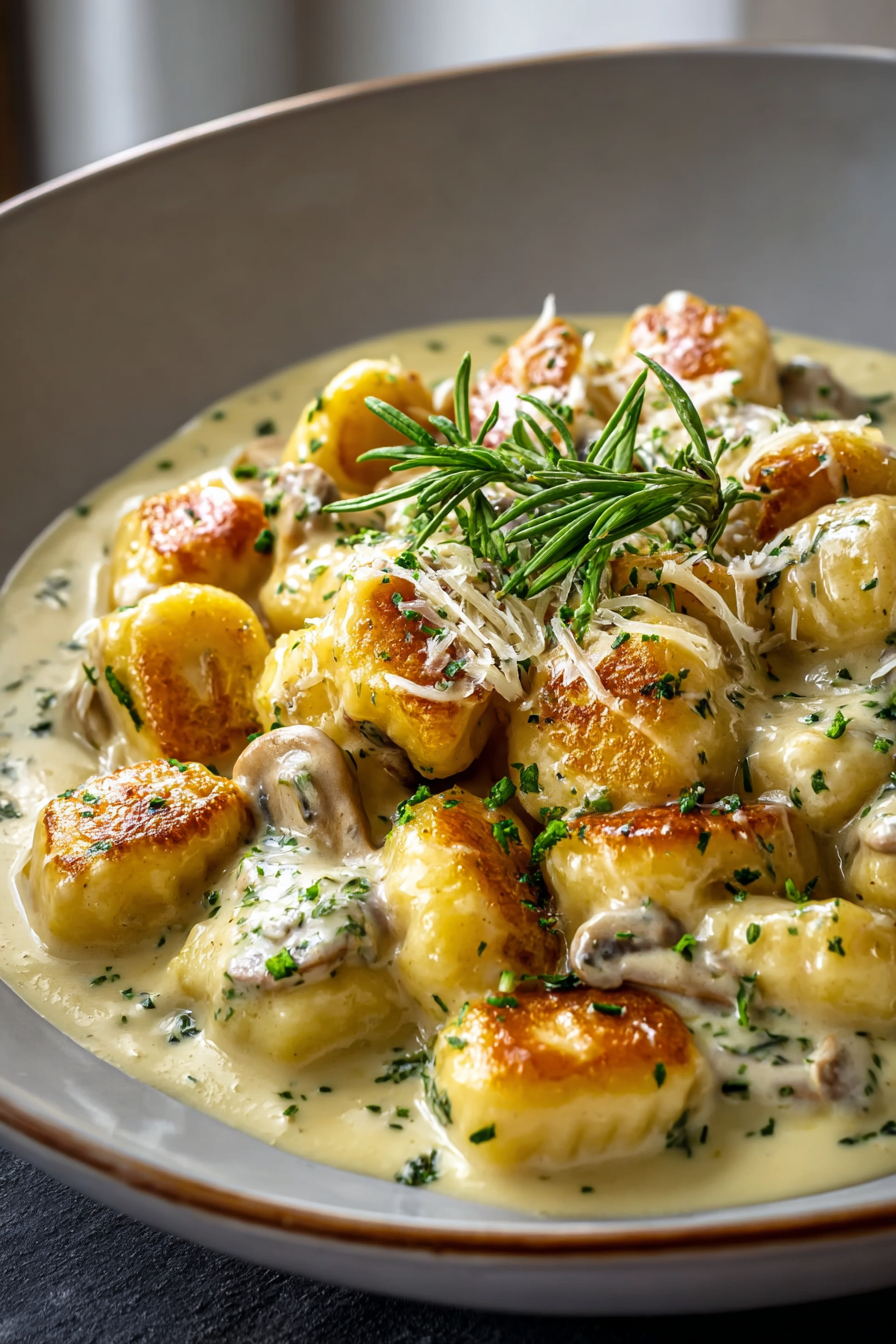 Creamy sauce in skillet with herbs