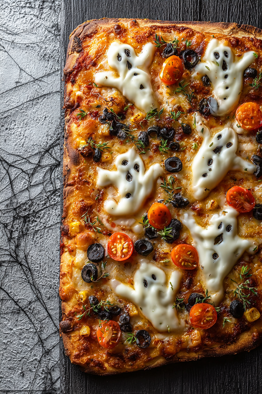 Cemetery flatbread pizza with mozzarella ghosts and olive gravestones