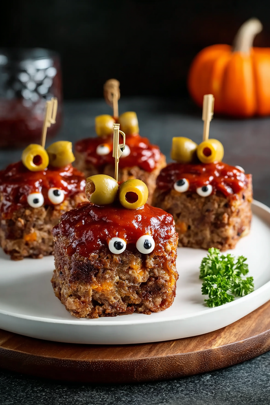 Close-up of a mini meatloaf with olive eyes