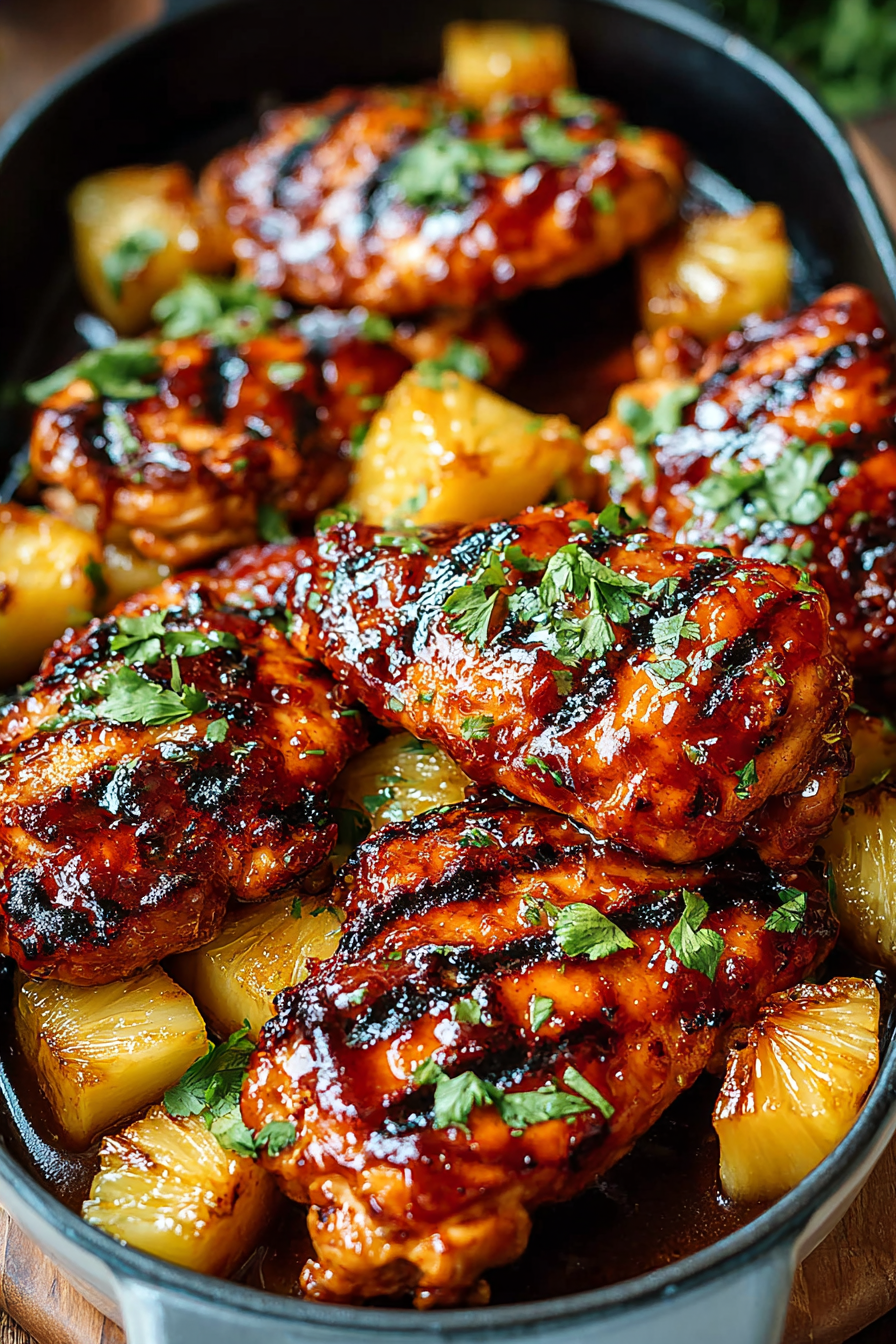 Barbecue Pineapple Chicken on a plate with grilled pineapple