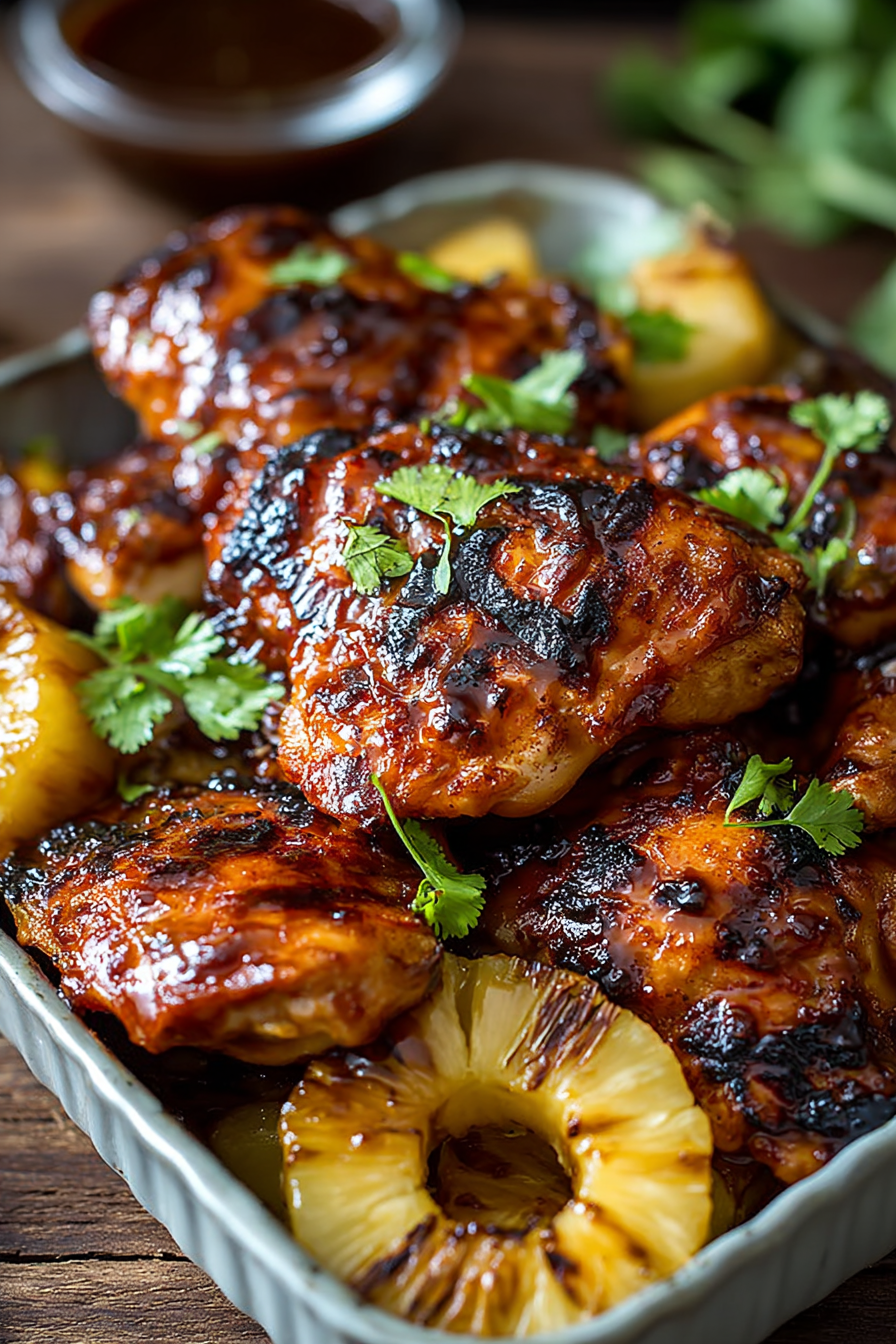 Close-up of glazed chicken and grilled pineapple