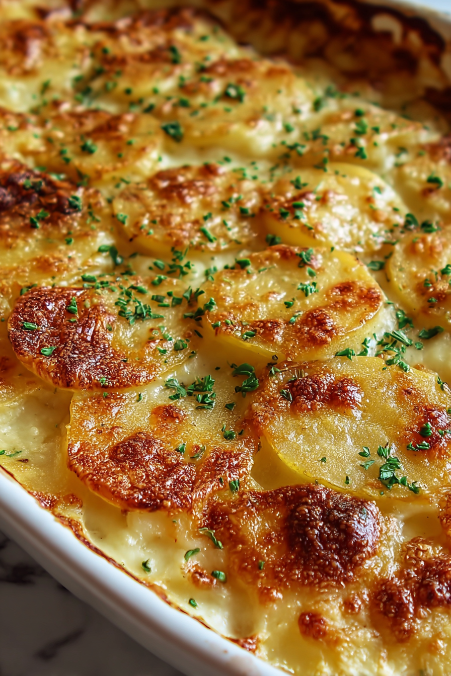 Golden browned top of potatoes au gratin