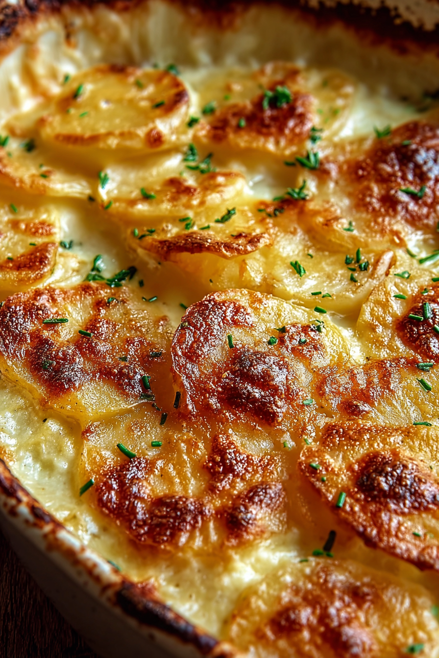 Thinly sliced potatoes in a baking dish