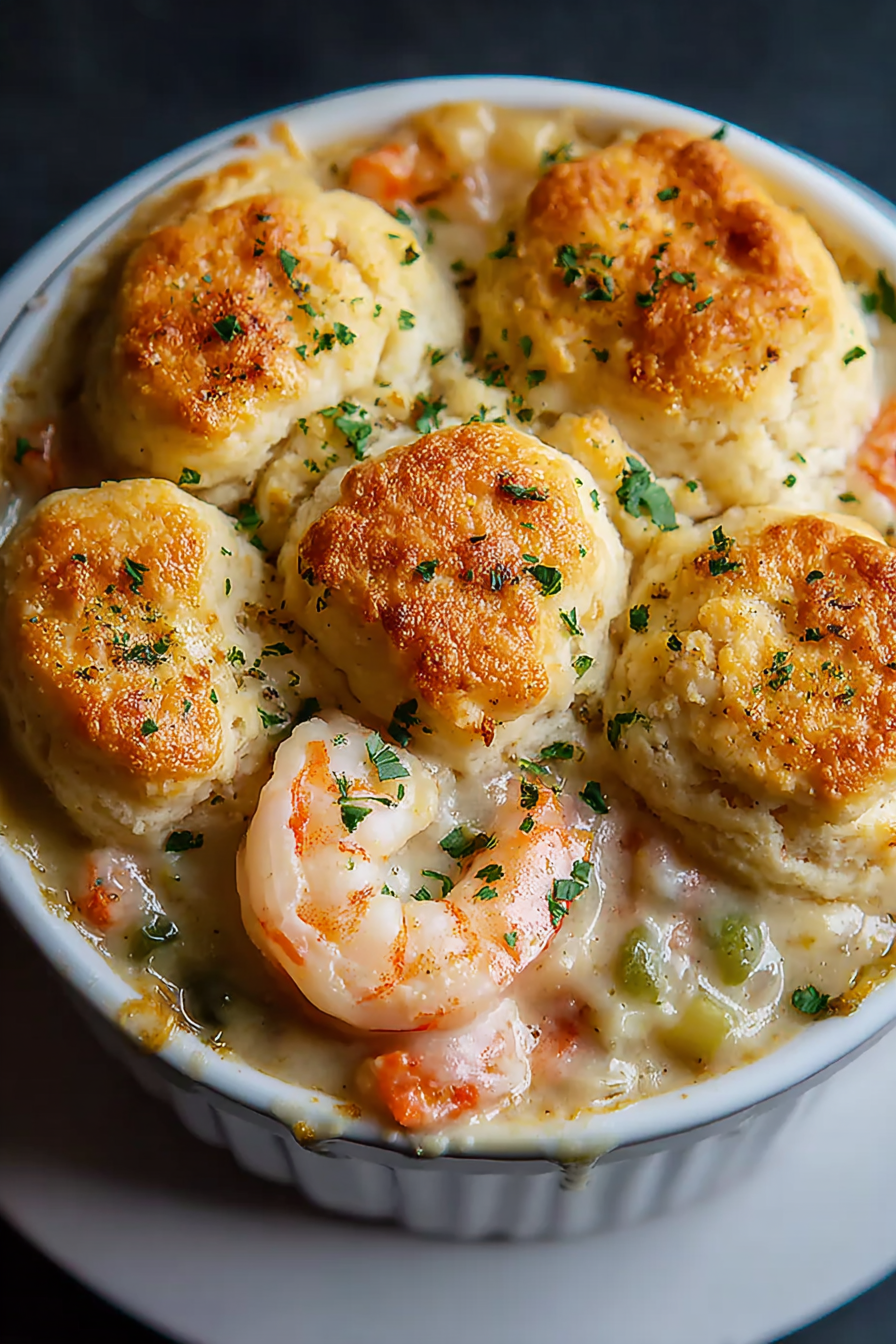 Golden Cheddar Bay biscuits on top of pot pie