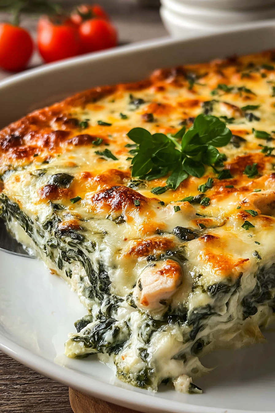 Chicken and spinach casserole bubbling in baking dish