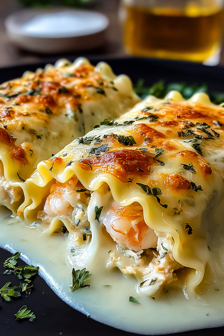 Baked shrimp and crab roll ups in a casserole dish