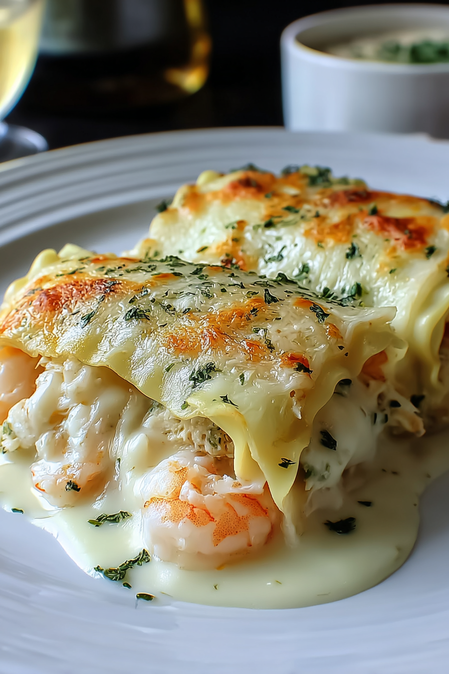 Close up of a rolled lasagna with mozzarella pull