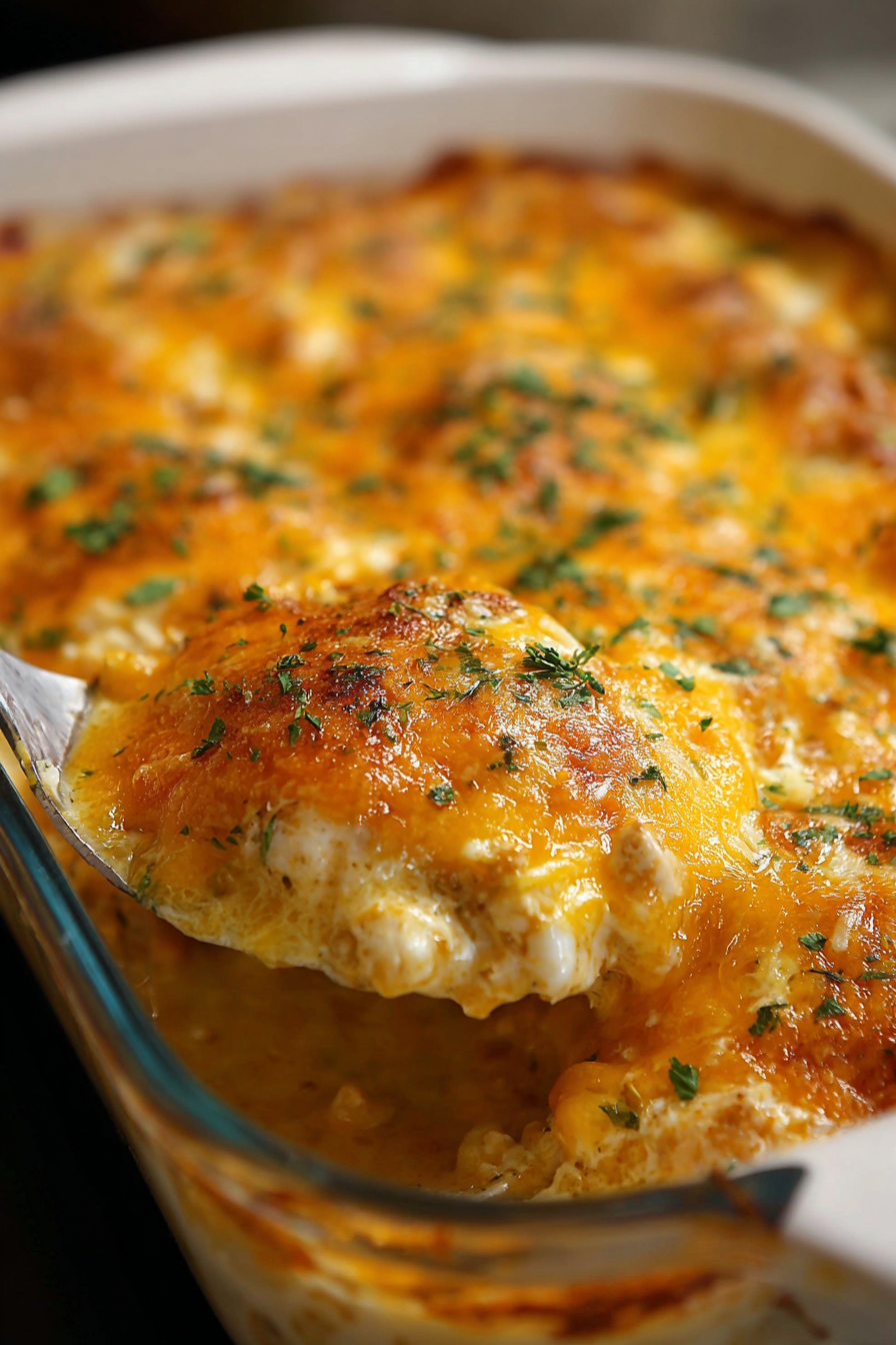 Slice of creamy chicken and rice casserole plated