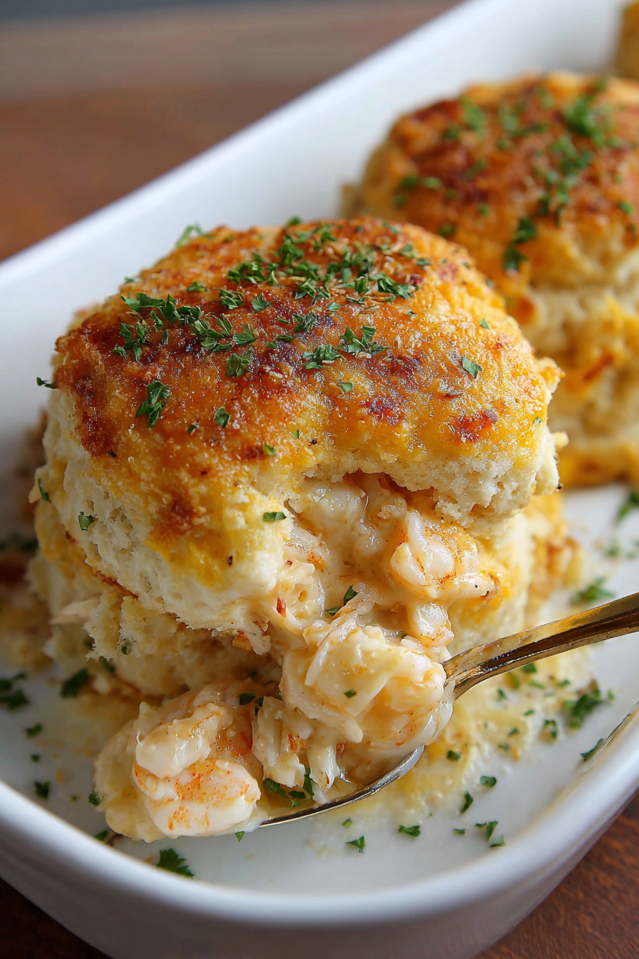 Pinched biscuit filled with shrimp and crab mixture beginning to brown