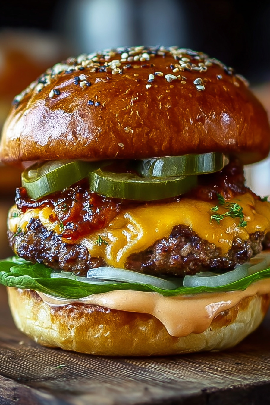 Plated smash burgers with toppings and brioche buns