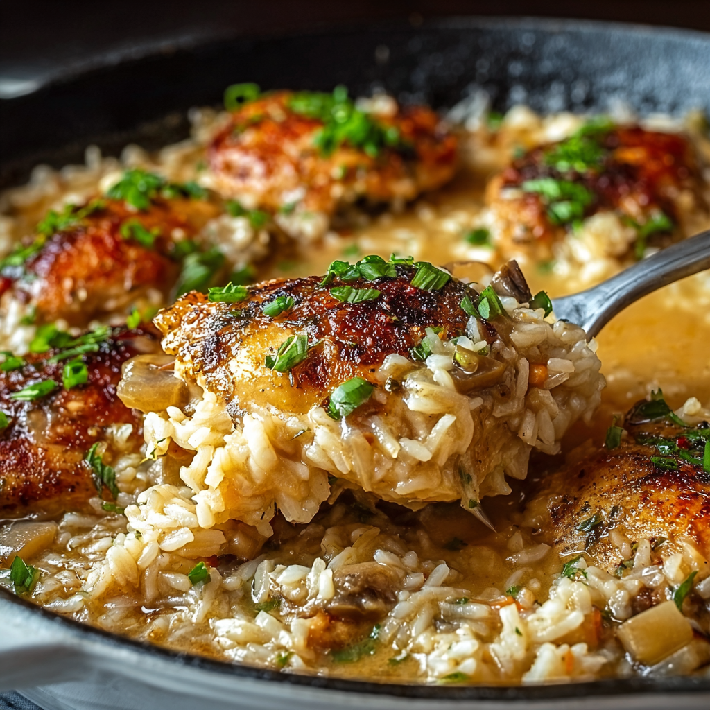 Smothered chicken and rice in a skillet