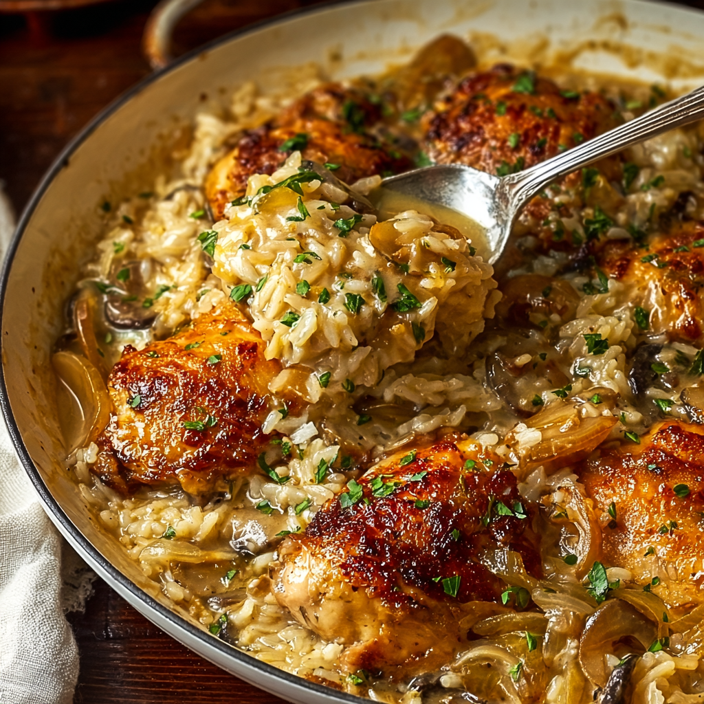 Close-up of creamy rice and chicken