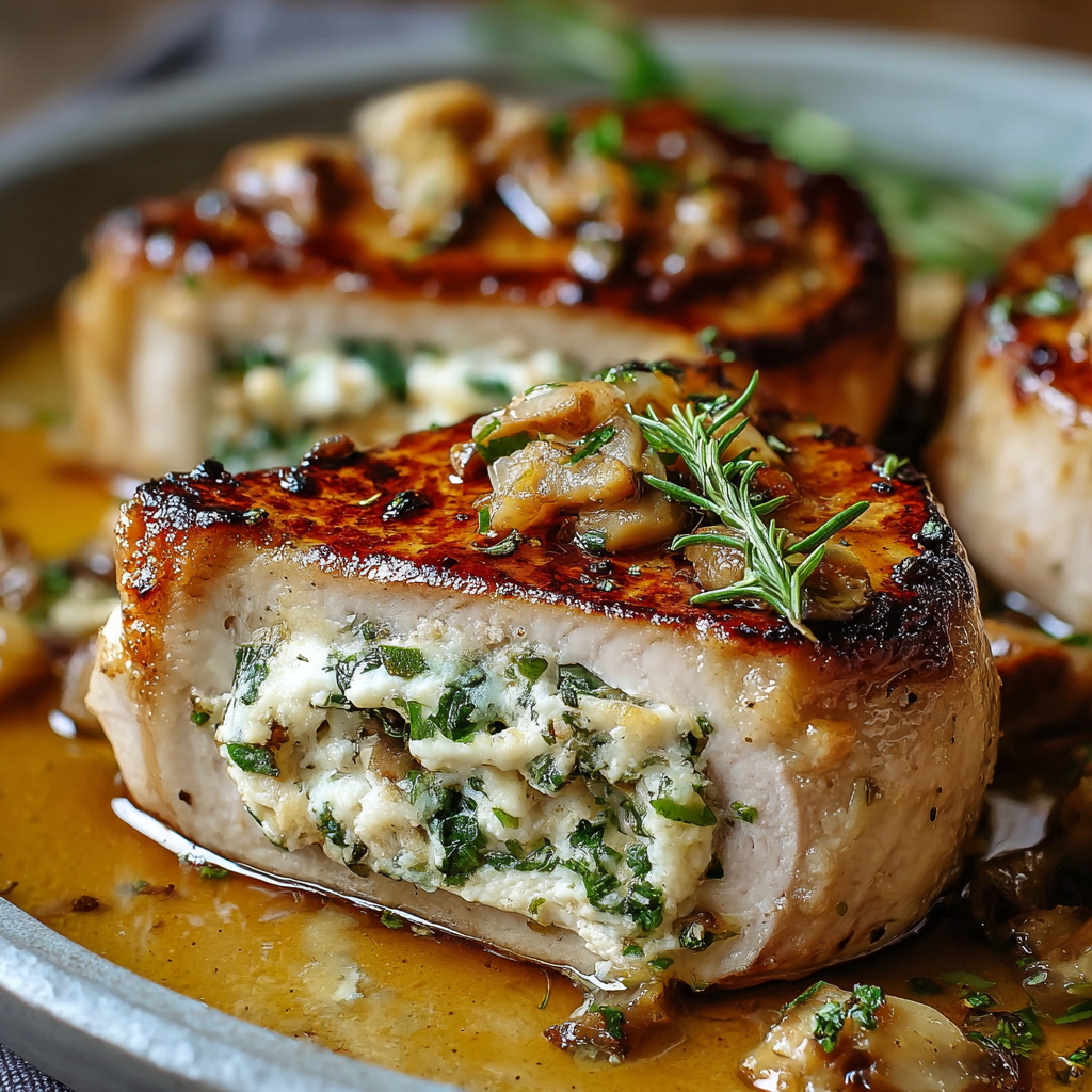 Boursin stuffed pork chops searing in skillet