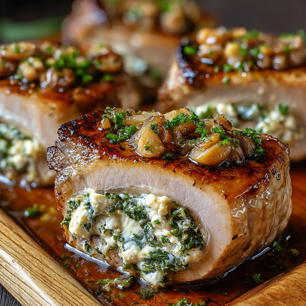 Plated stuffed pork chop with garnish and side