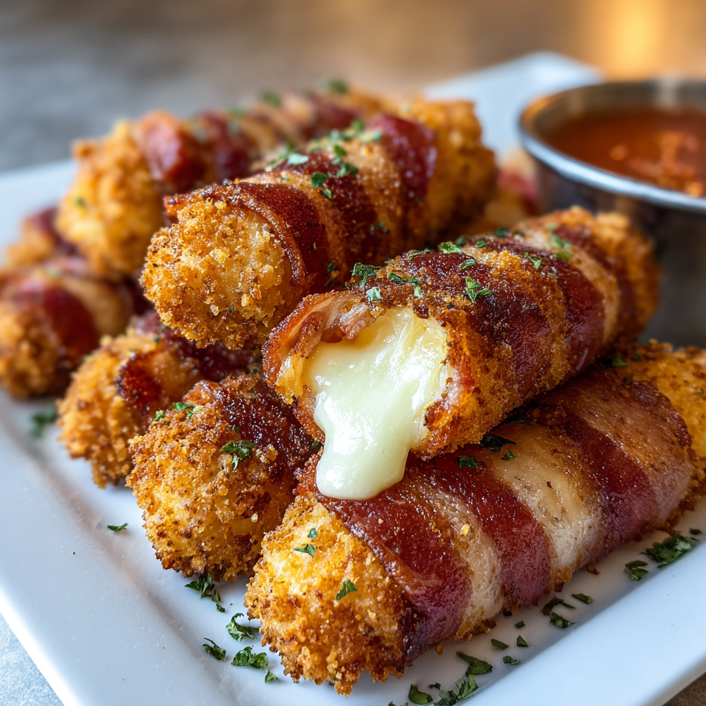 Nashville Hot Bacon Wrapped Mozzarella Sticks on a parchment-lined sheet