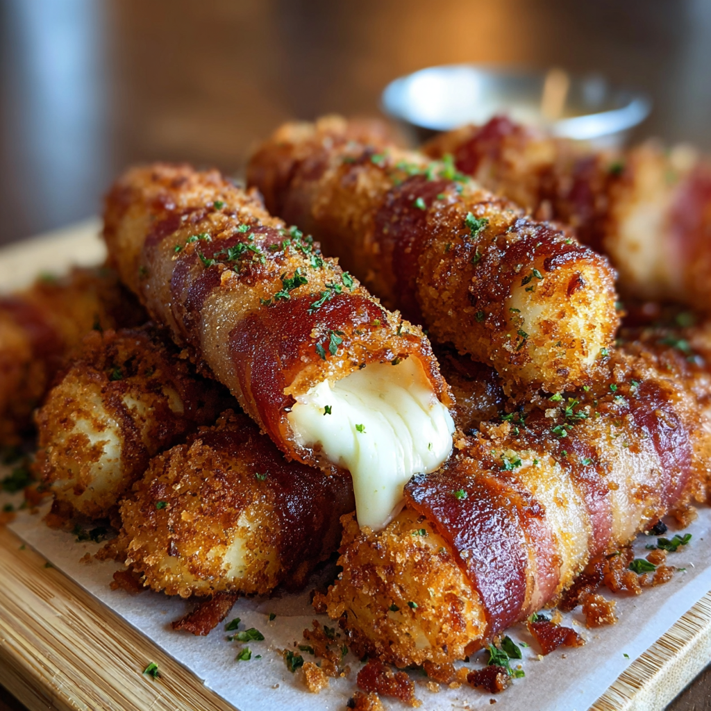 Close-up of glazed bacon wrapped mozzarella with charred edges