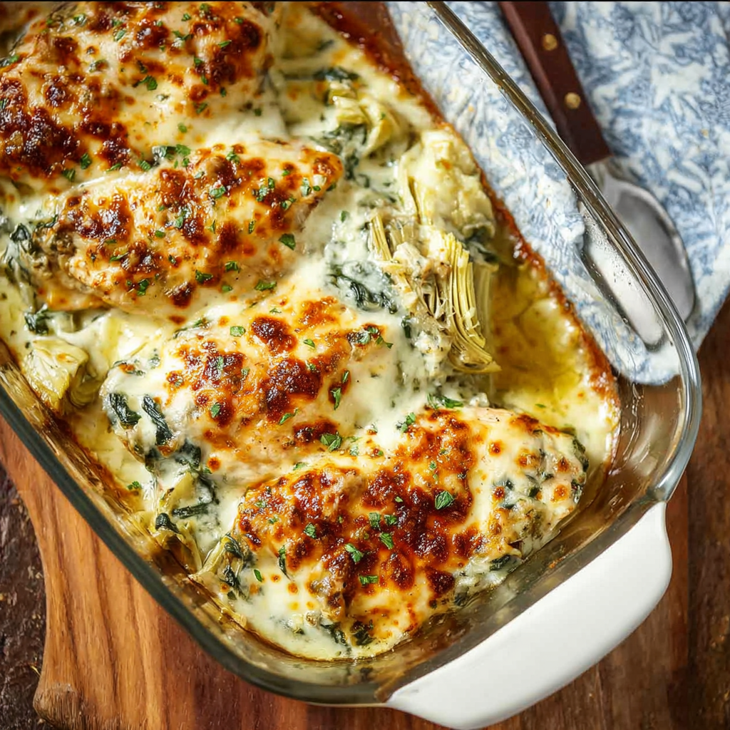 Spinach Artichoke Topped Chicken in a baking dish