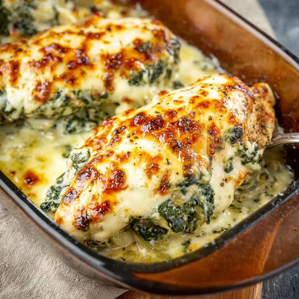 Baked chicken with melted mozzarella cheese and spinach artichoke topping