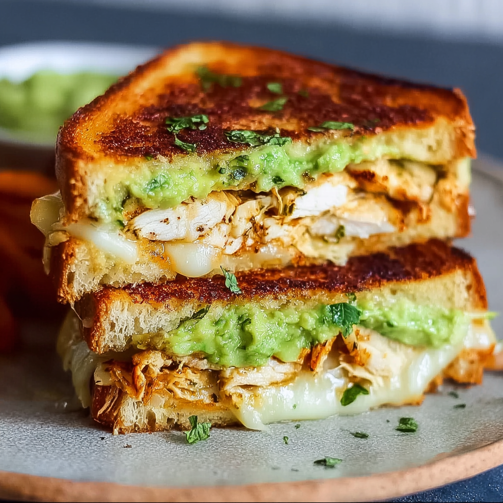 Chicken avocado melt sandwich in skillet
