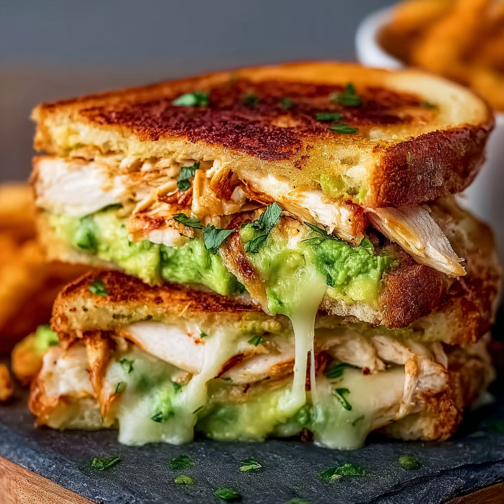 Grilled chicken avocado melt plated and sliced