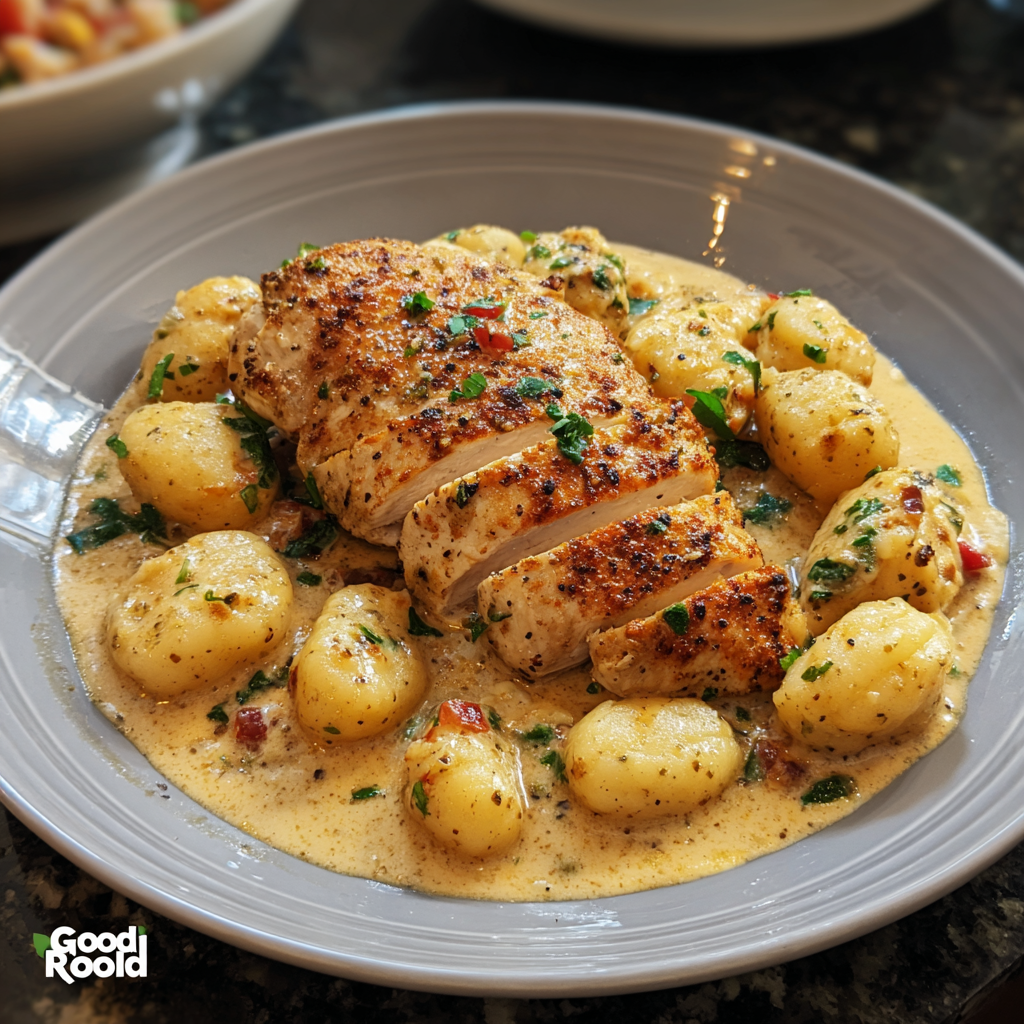 Asiago chicken and gnocchi in skillet