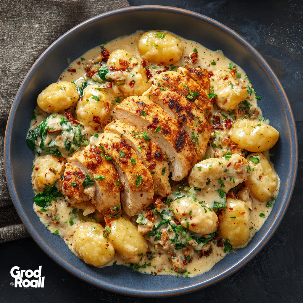 Plated portion of gnocchi with chicken and garnish