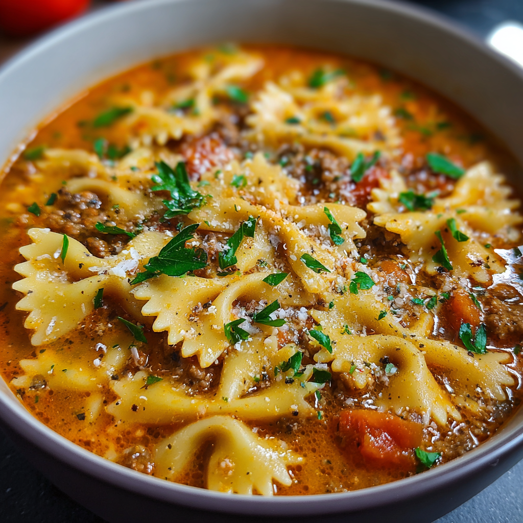 Finished lasagna soup topped with melted mozzarella