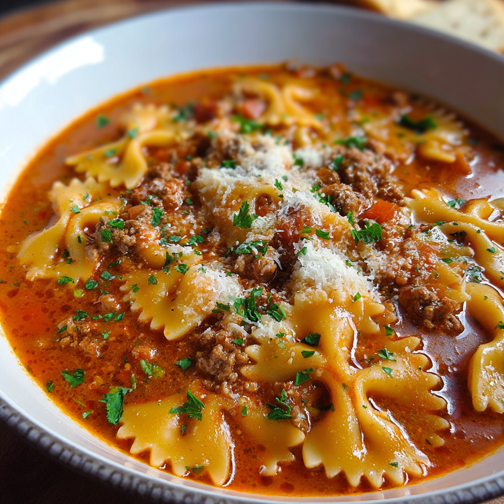 Bow tie pasta in simmering tomato broth