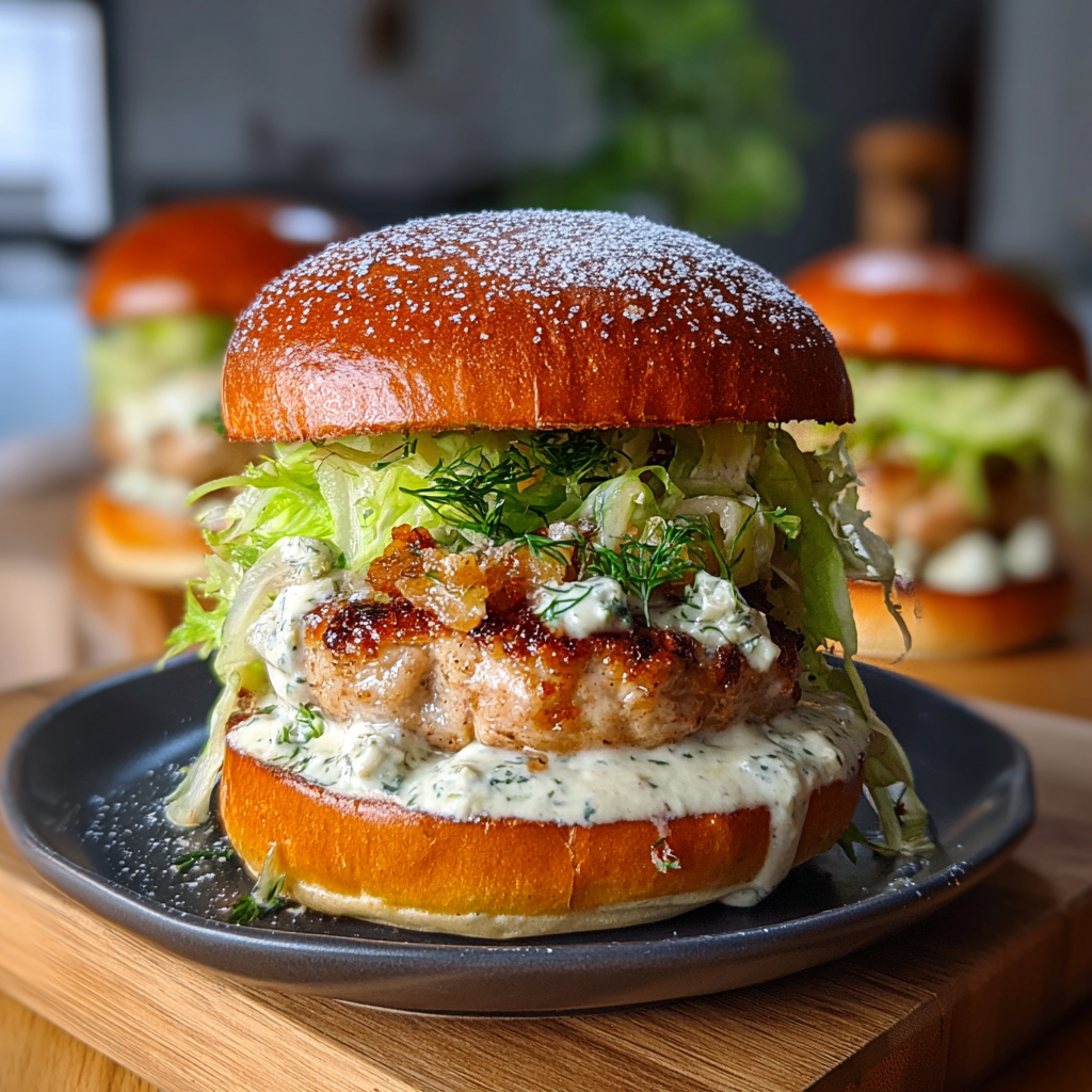 Top view of assembled chicken burger with Parmesan and romaine