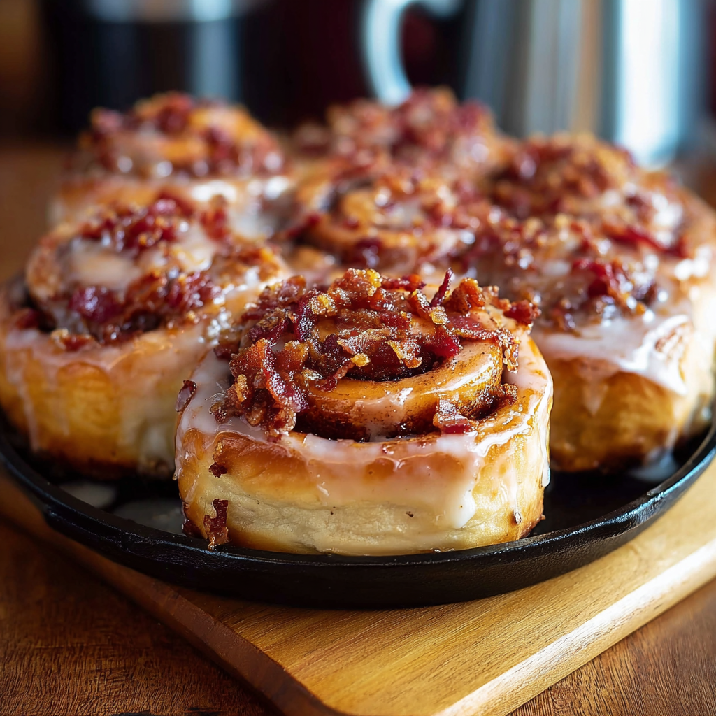 Candied bacon pieces and maple glaze
