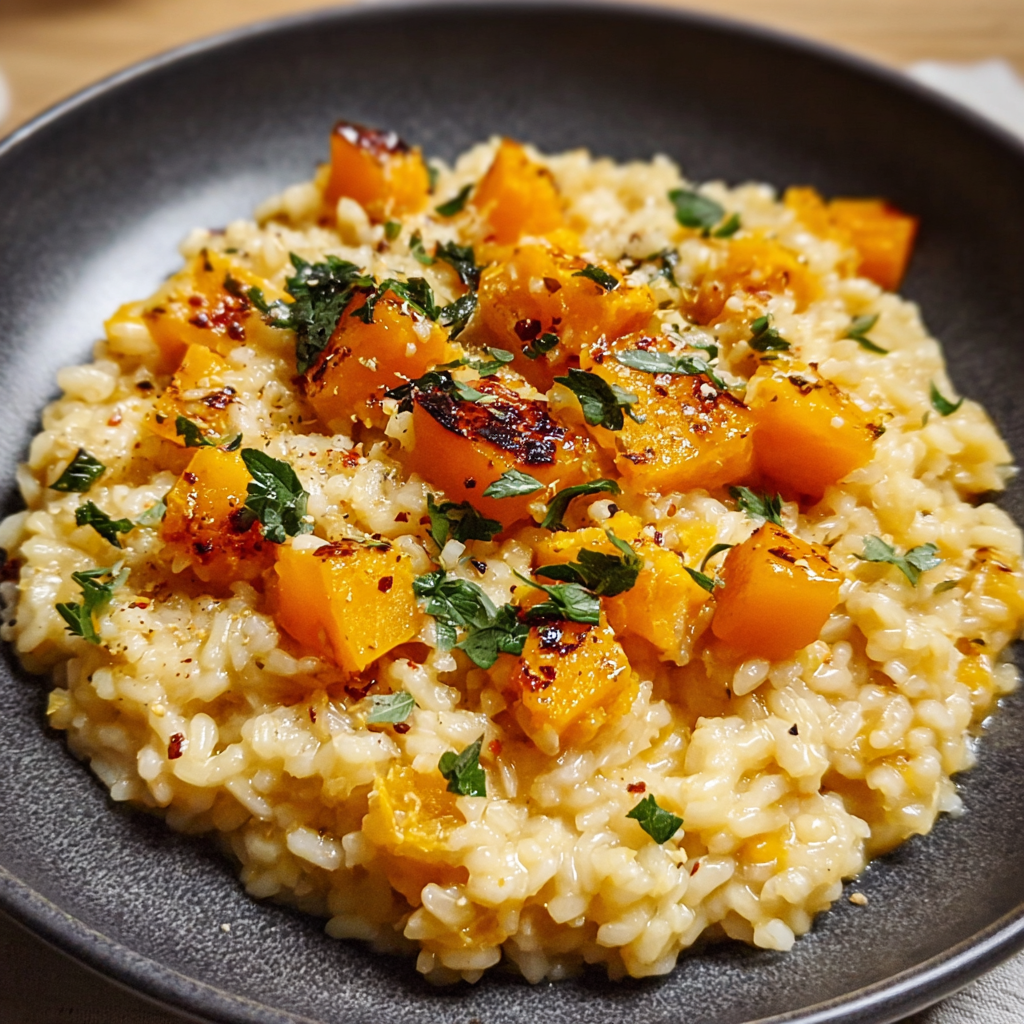 Creamy risotto plated with sage garnish