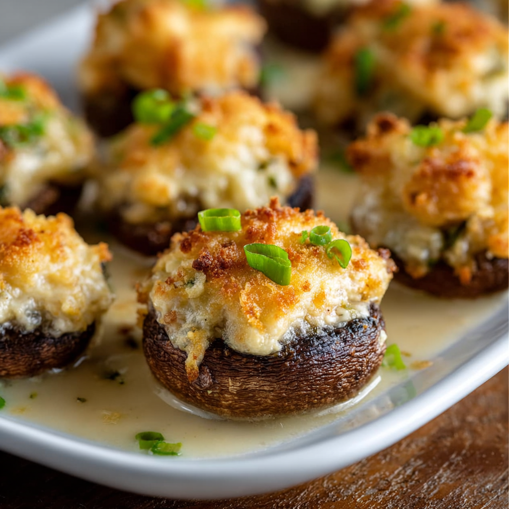 White Cheddar stuffed mushrooms on a serving plate