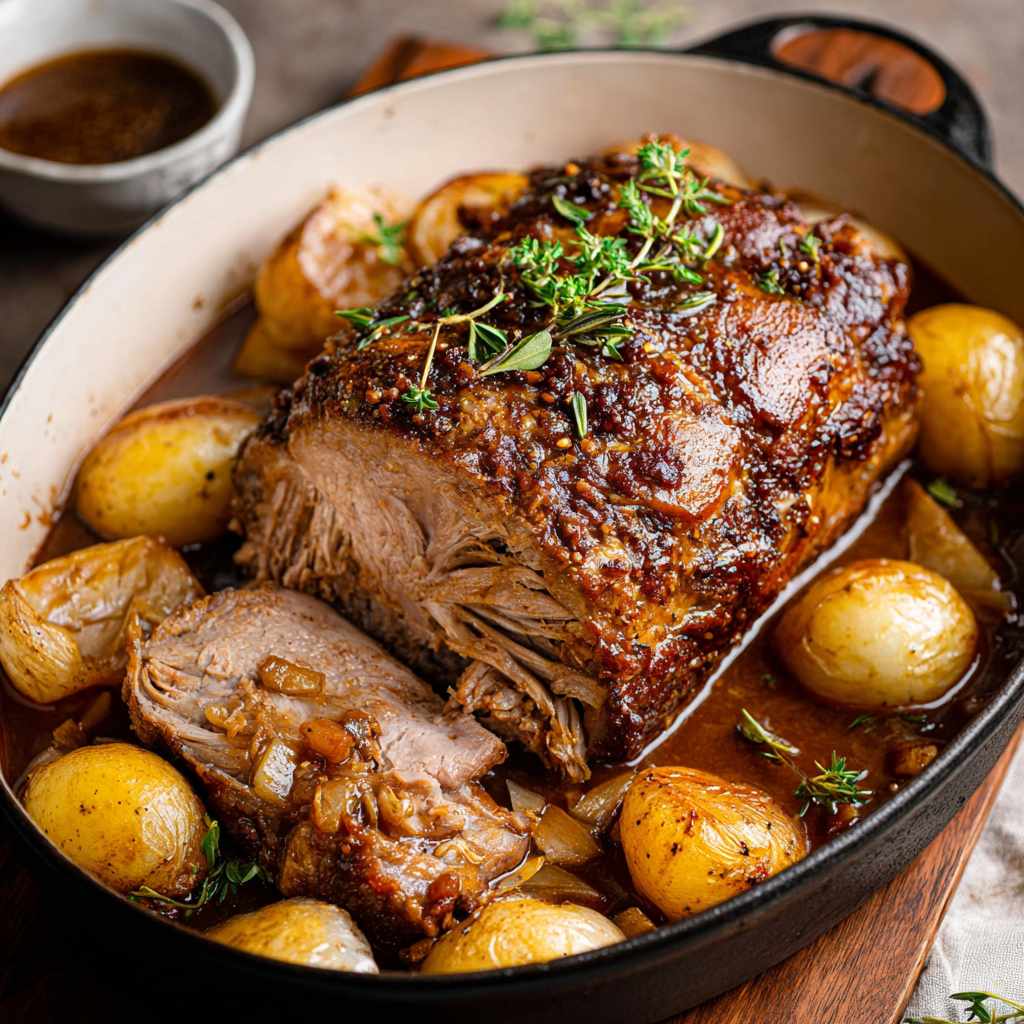 Finished cider-braised pork with apples and onions