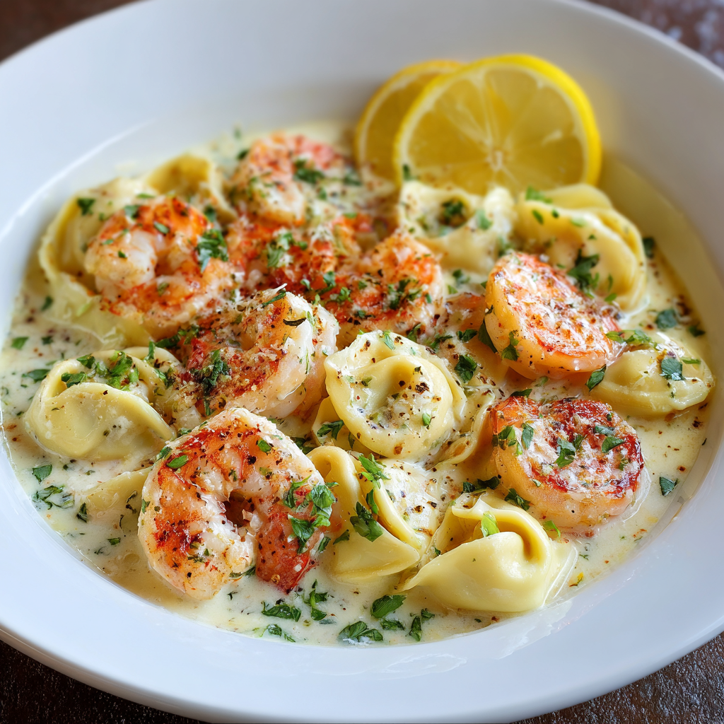 Shrimp tortellini in lemon garlic cream sauce plated