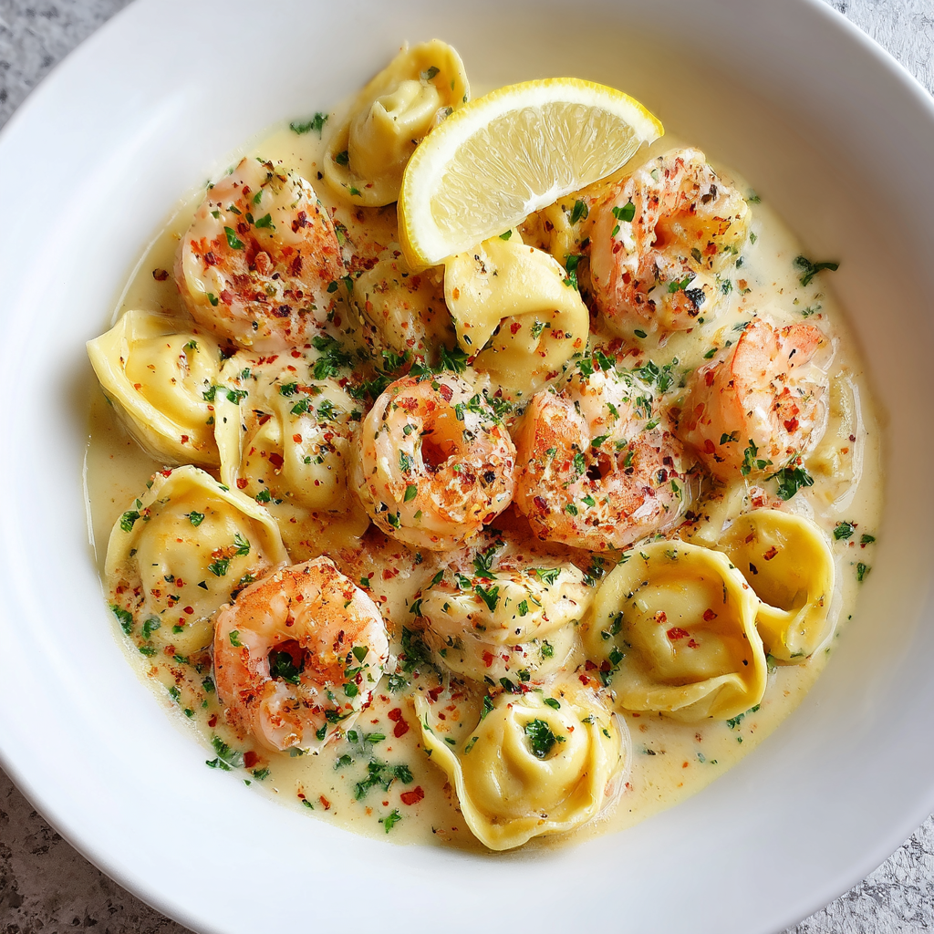 Close-up of tortellini and shrimp with parsley garnish