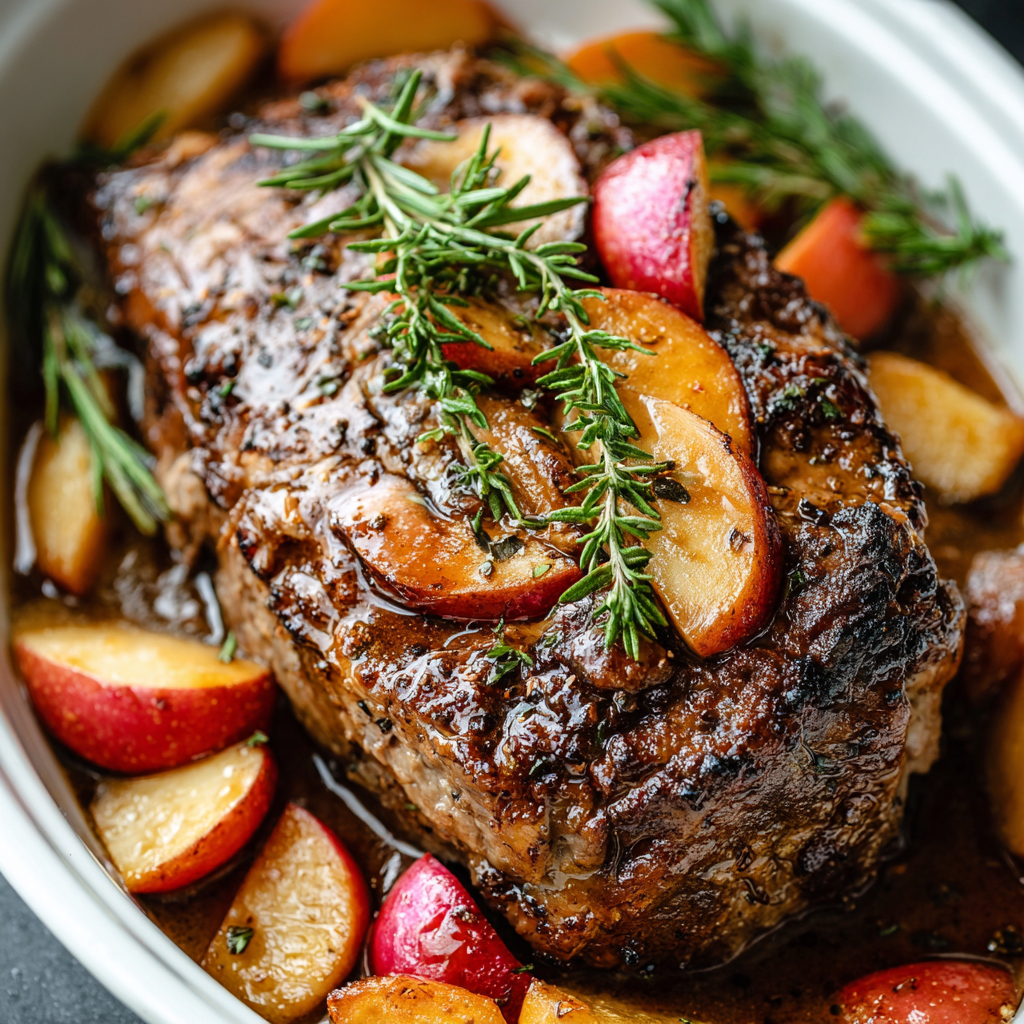 Slow cooker pork roast in apple cider with apples and onions