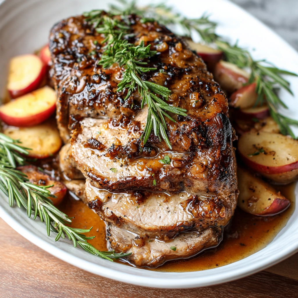 Sliced apple and cooked carrot medley alongside pork roast