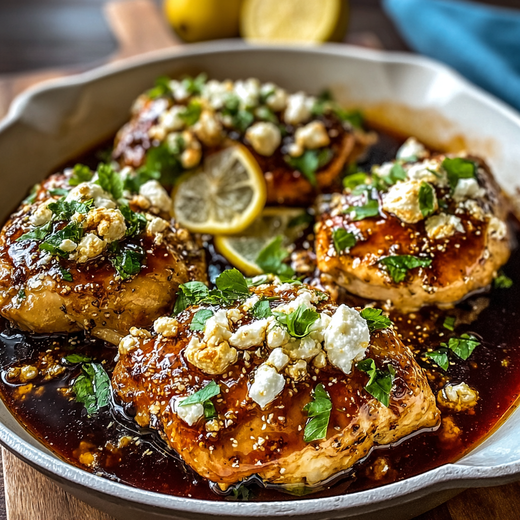 Hot Honey Feta Chicken plated with lemon wedge
