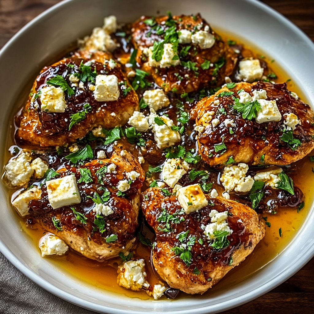 Close-up of feta crumbles on baked chicken