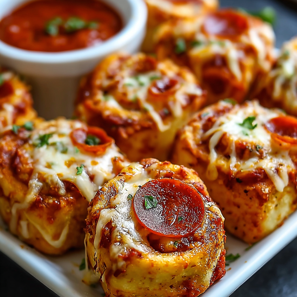 Baked cheesy pepperoni roll-ups on a tray