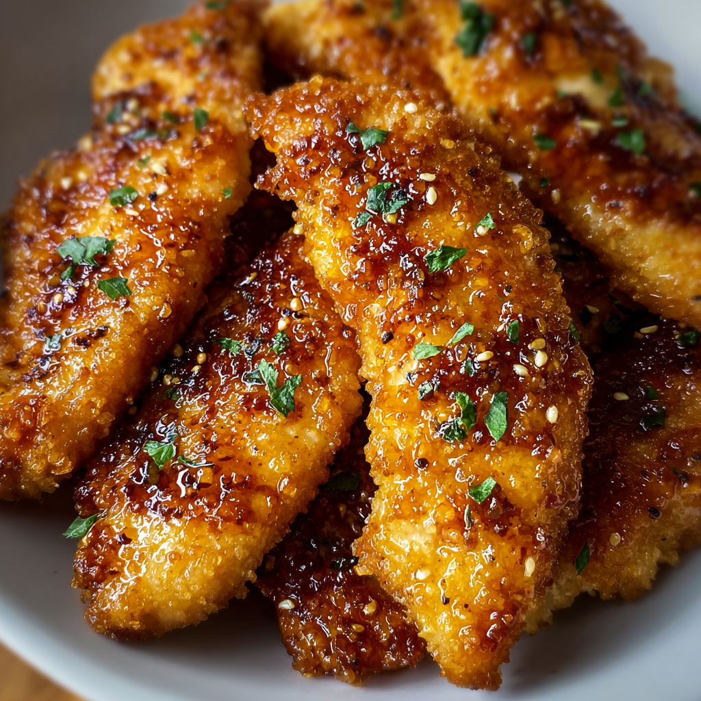 Finished honey butter garlic chicken tenders on a plate