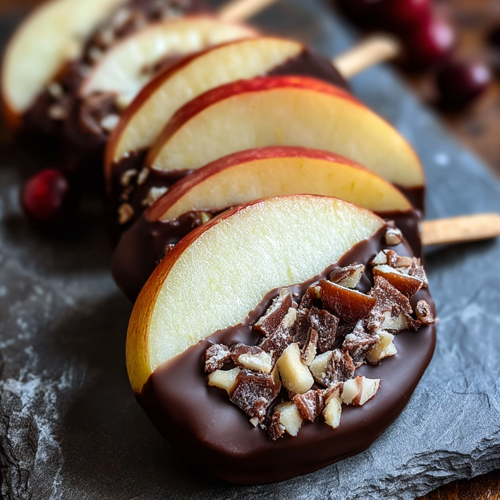 Chocolate-covered apple slices on a parchment-lined tray