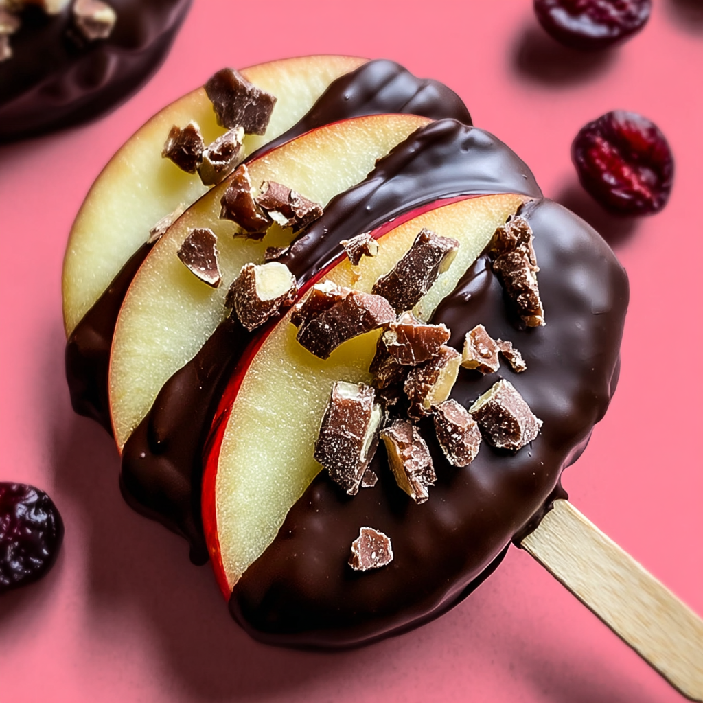 Close-up of apple slice with chocolate and chopped pecans