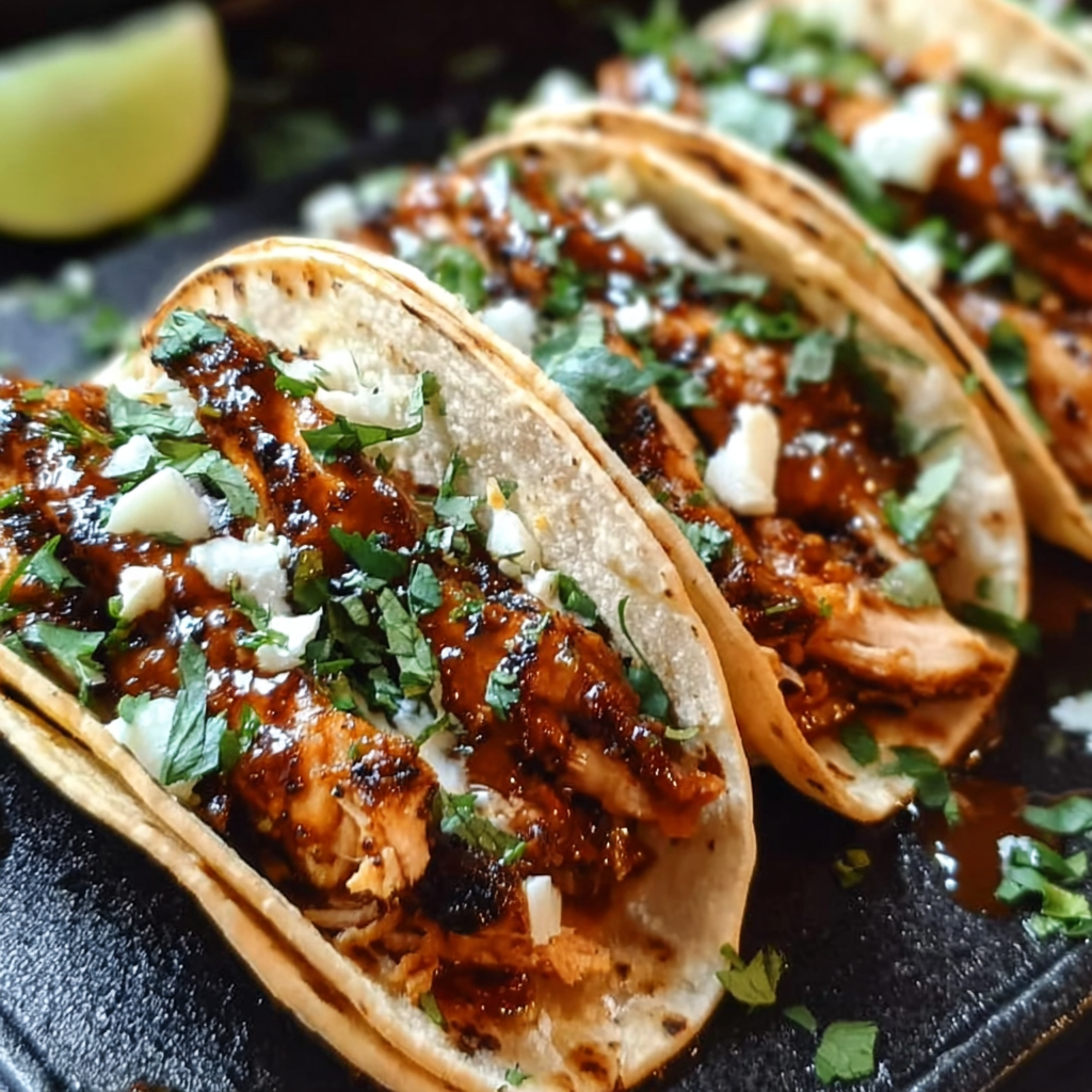Assembled garlic butter honey BBQ chicken tacos on a platter