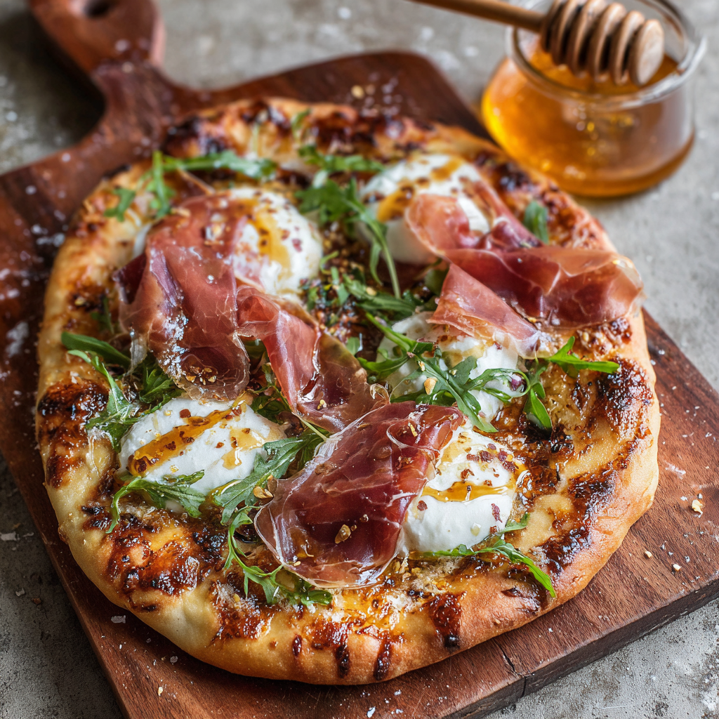 Close-up of burrata and prosciutto on pizza