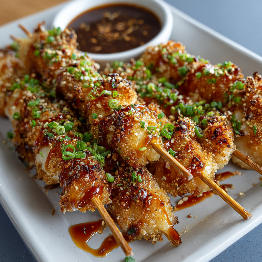 Plated bang bang chicken skewers with garnish